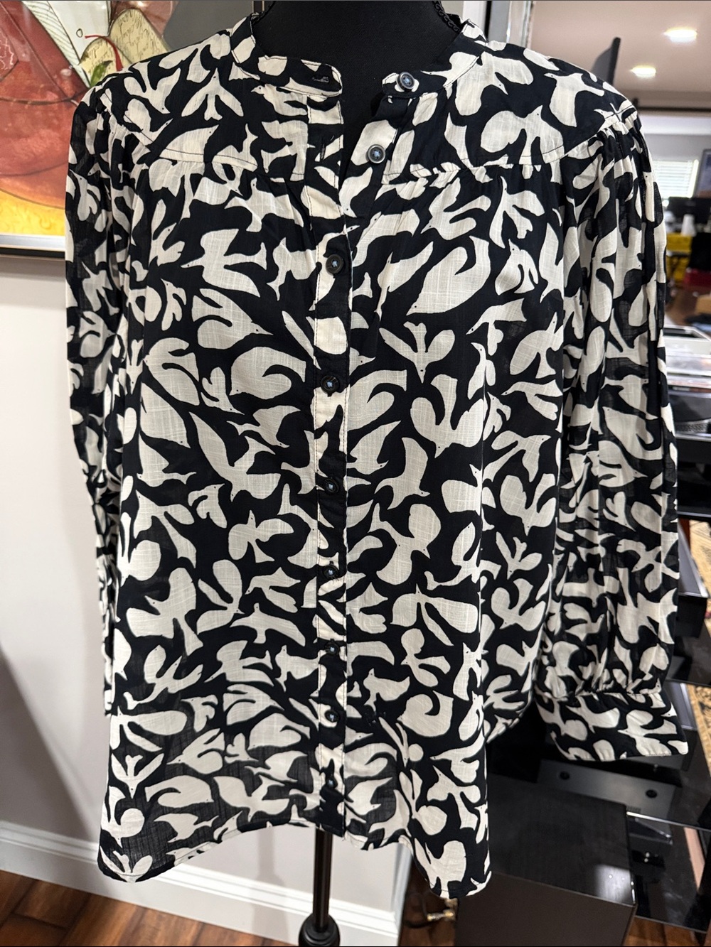 Anthropologie Black and White Abstract Print Button-Front Blouse